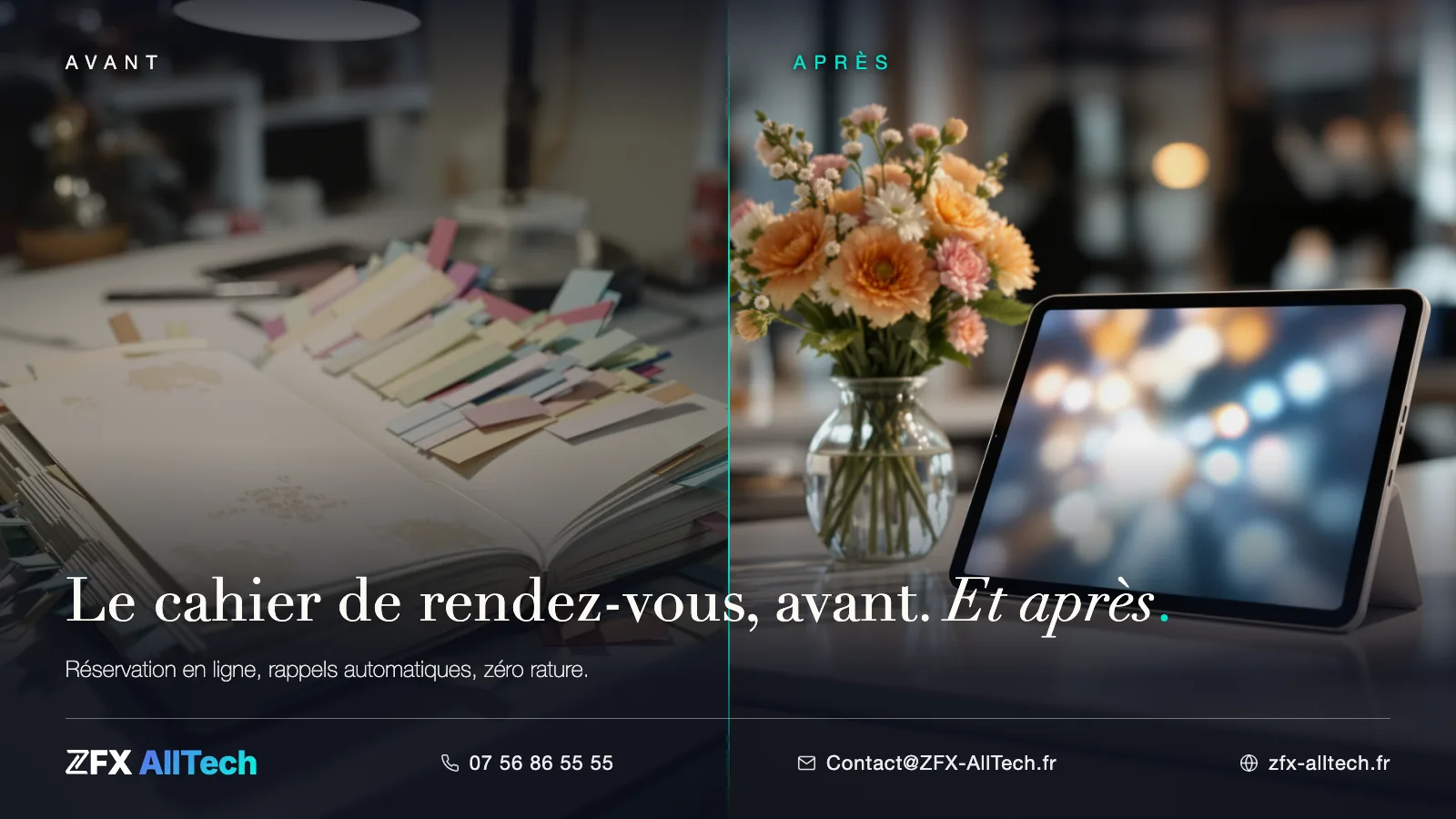 Scénario type avant / après ZFX AllTech : le cahier de rendez-vous, du carnet raturé à l’agenda numérique sur tablette.