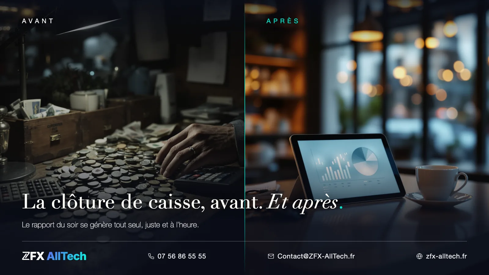 Scénario type avant / après ZFX AllTech : la clôture de caisse, du comptage nocturne au rapport généré automatiquement.