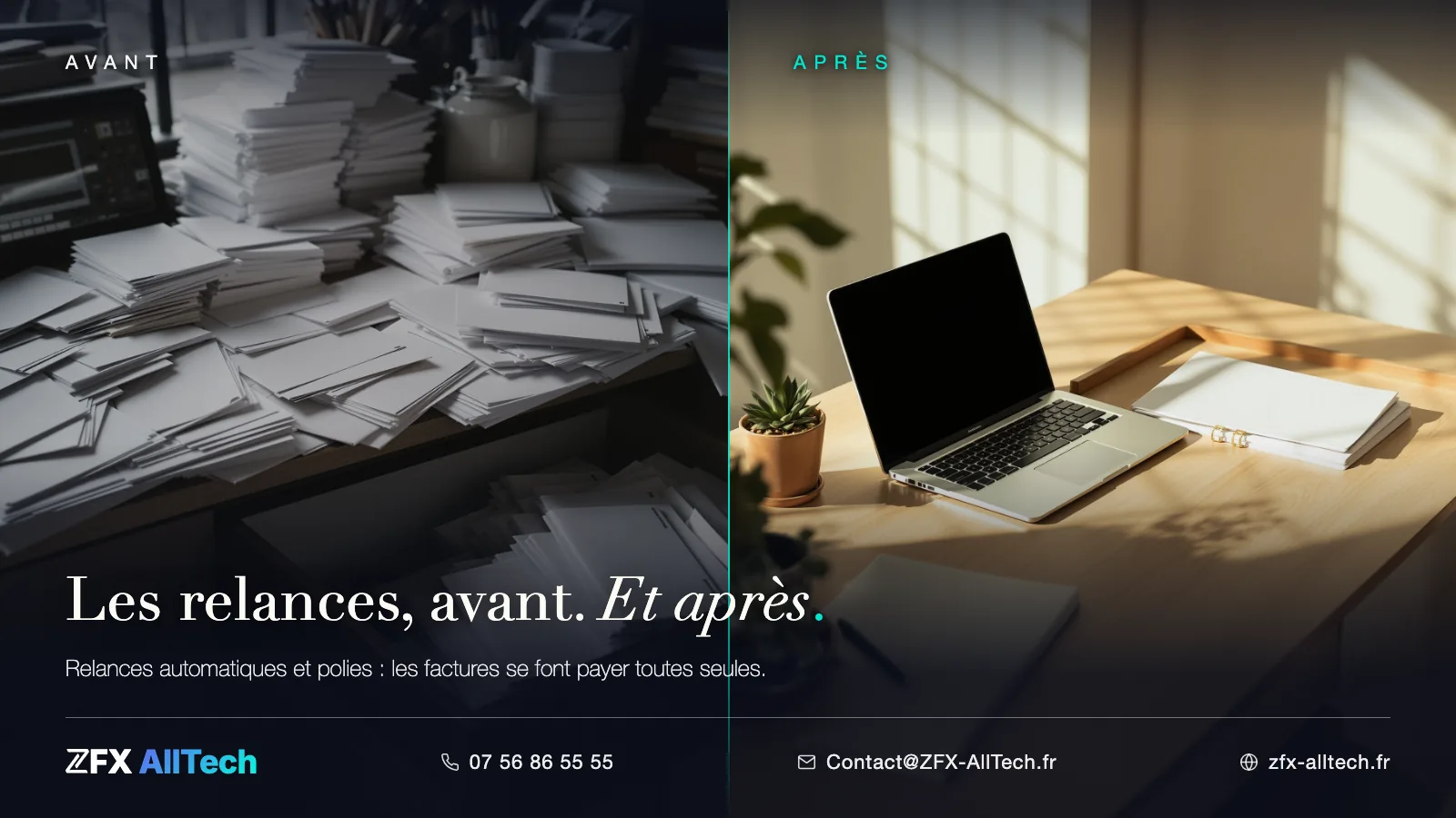 Scénario type avant / après ZFX AllTech : les relances clients, des courriers accumulés au bureau serein avec relances automatiques.