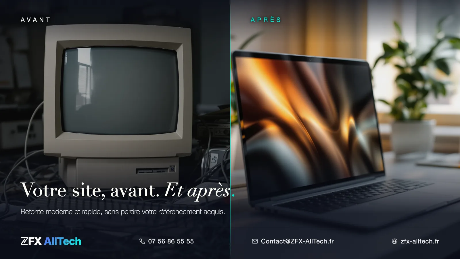 Scénario type avant / après ZFX AllTech : le site vitrine, de l’écran cathodique dépassé à l’ordinateur portable moderne.