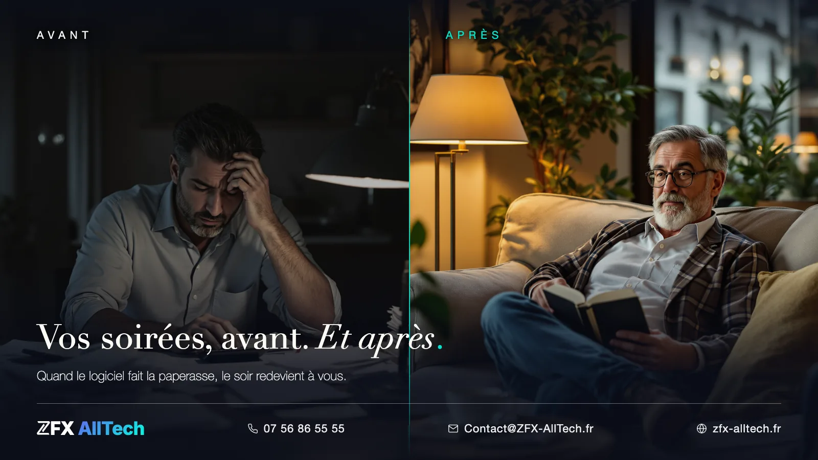 Scénario type avant / après ZFX AllTech : les soirées du dirigeant, de la paperasse nocturne à une soirée retrouvée.