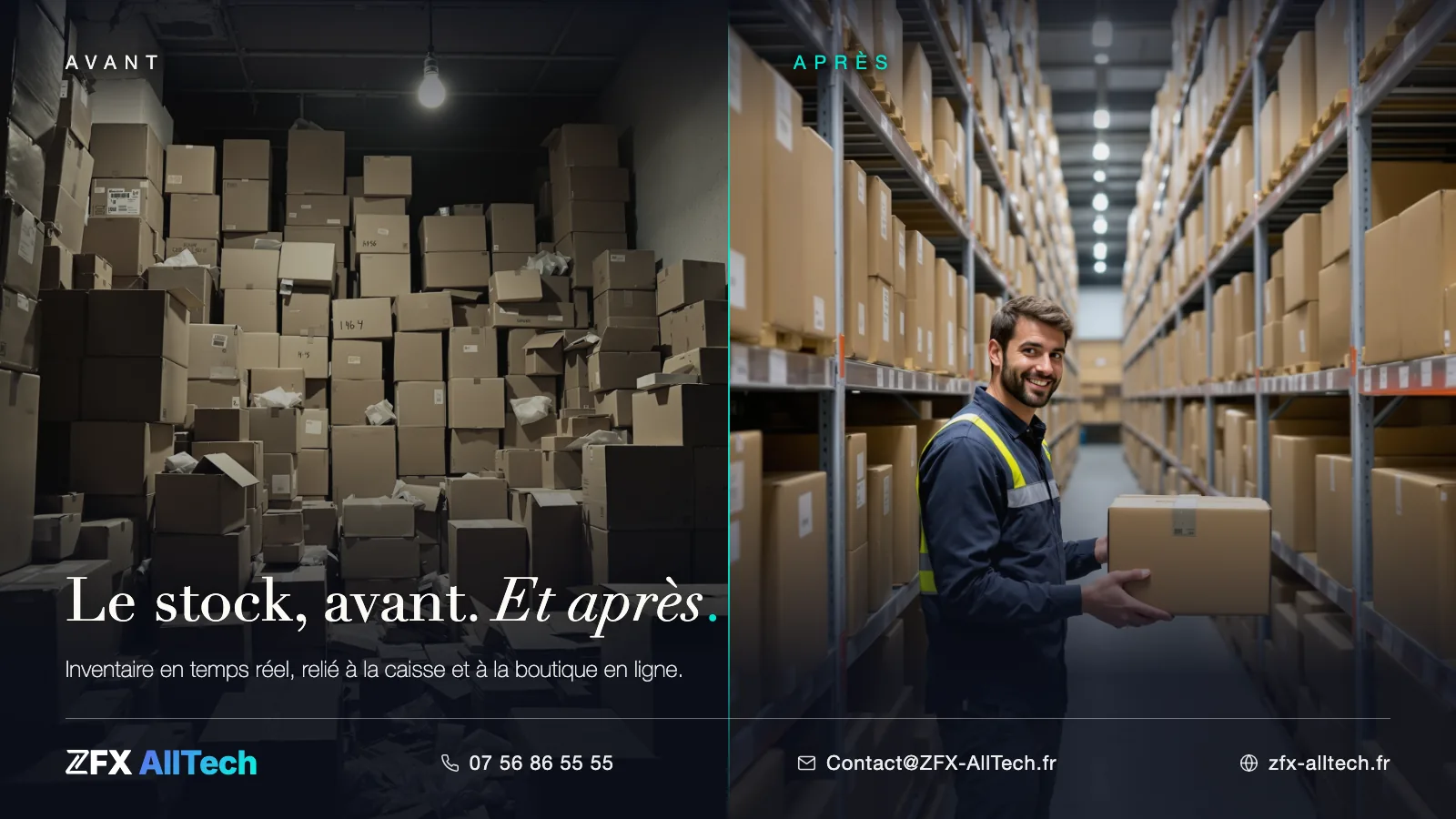 Scénario type avant / après ZFX AllTech : le stock, de la réserve en désordre à l’entrepôt organisé et scanné en temps réel.