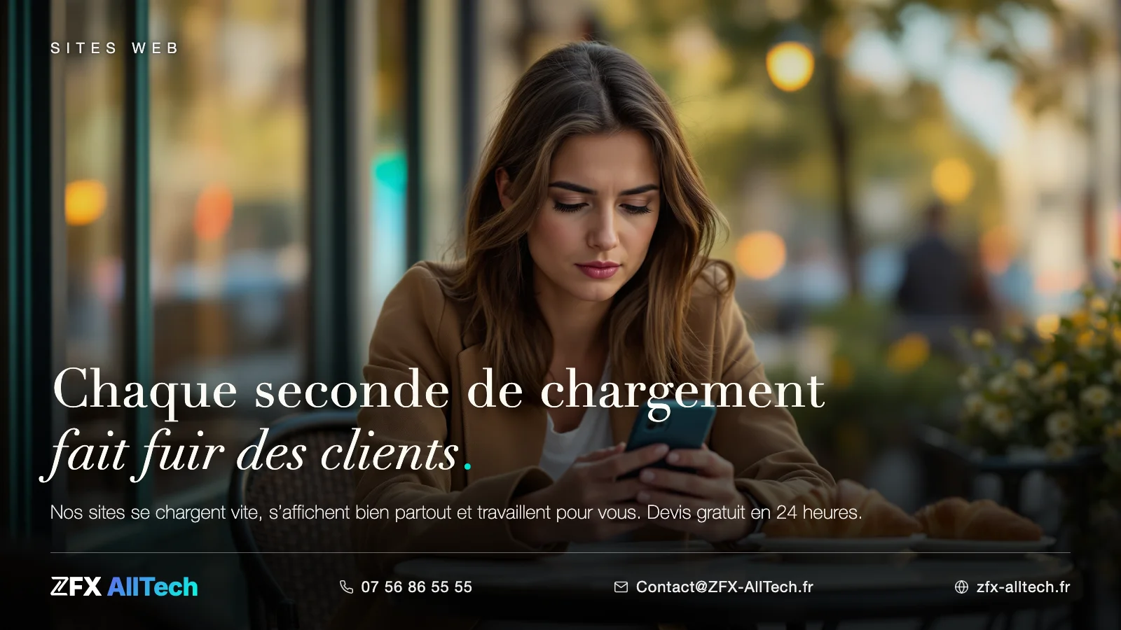 Publicité ZFX AllTech : agence web Val-d'Oise. Une cliente attend sur son téléphone ; accroche : chaque seconde de chargement fait fuir des clients.