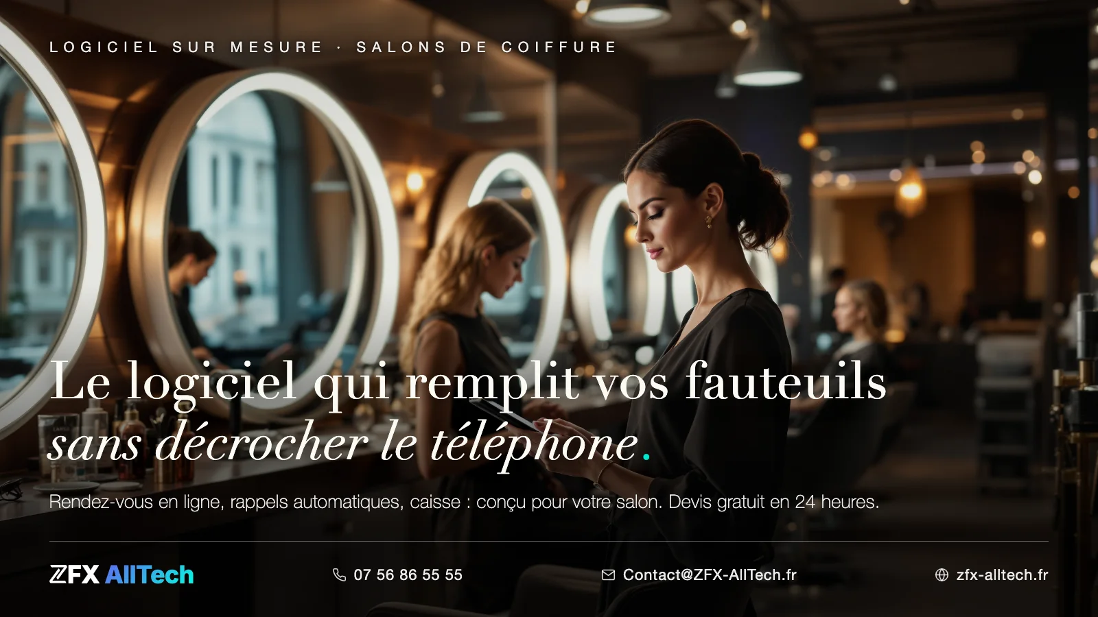 Publicité ZFX AllTech : logiciel sur mesure pour salon de coiffure. Une coiffeuse consulte son planning entre les miroirs ; accroche : le logiciel qui remplit vos fauteuils sans décrocher le téléphone.