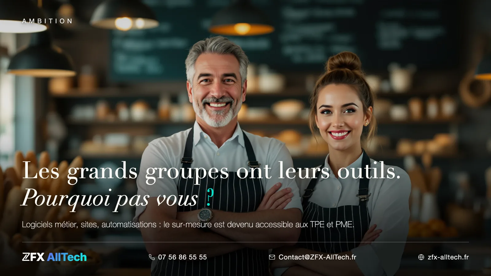 Publicité ZFX AllTech : l'ambition des TPE. Accroche : les grands groupes ont des outils à leur taille, pourquoi pas vous ?