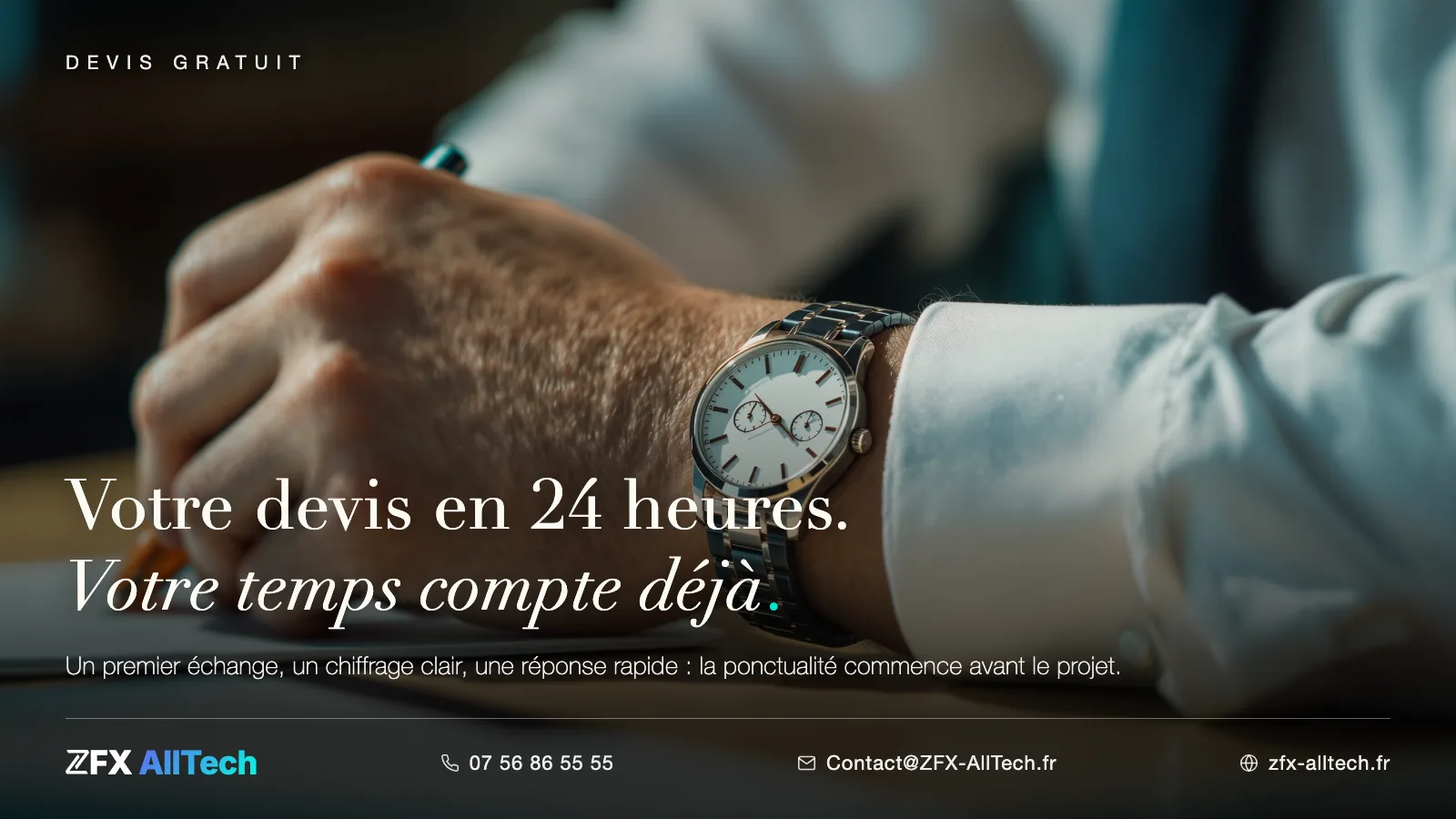 Visuel ZFX AllTech : développement web à Versailles. Accroche : chaque demande reçoit un devis détaillé et gratuit sous 24 heures.