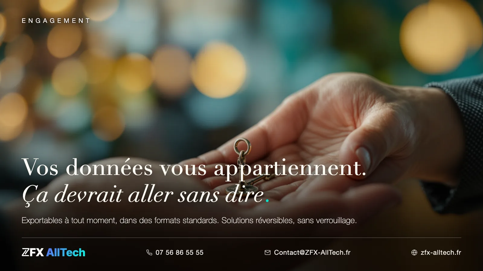 Visuel ZFX AllTech : création de site web à Meaux. Accroche : vos données vous appartiennent, la réversibilité est un principe.