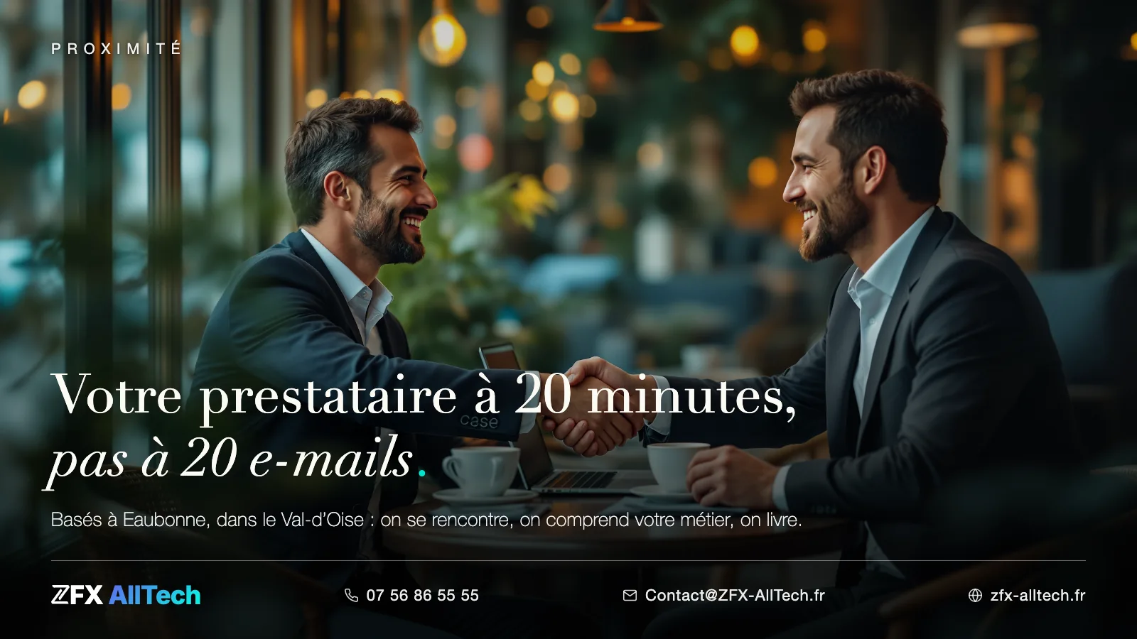 Visuel ZFX AllTech : agence web à Deuil-la-Barre, voisine directe d'Eaubonne. Accroche : travailler avec une entreprise d'ici, ça change tout.
