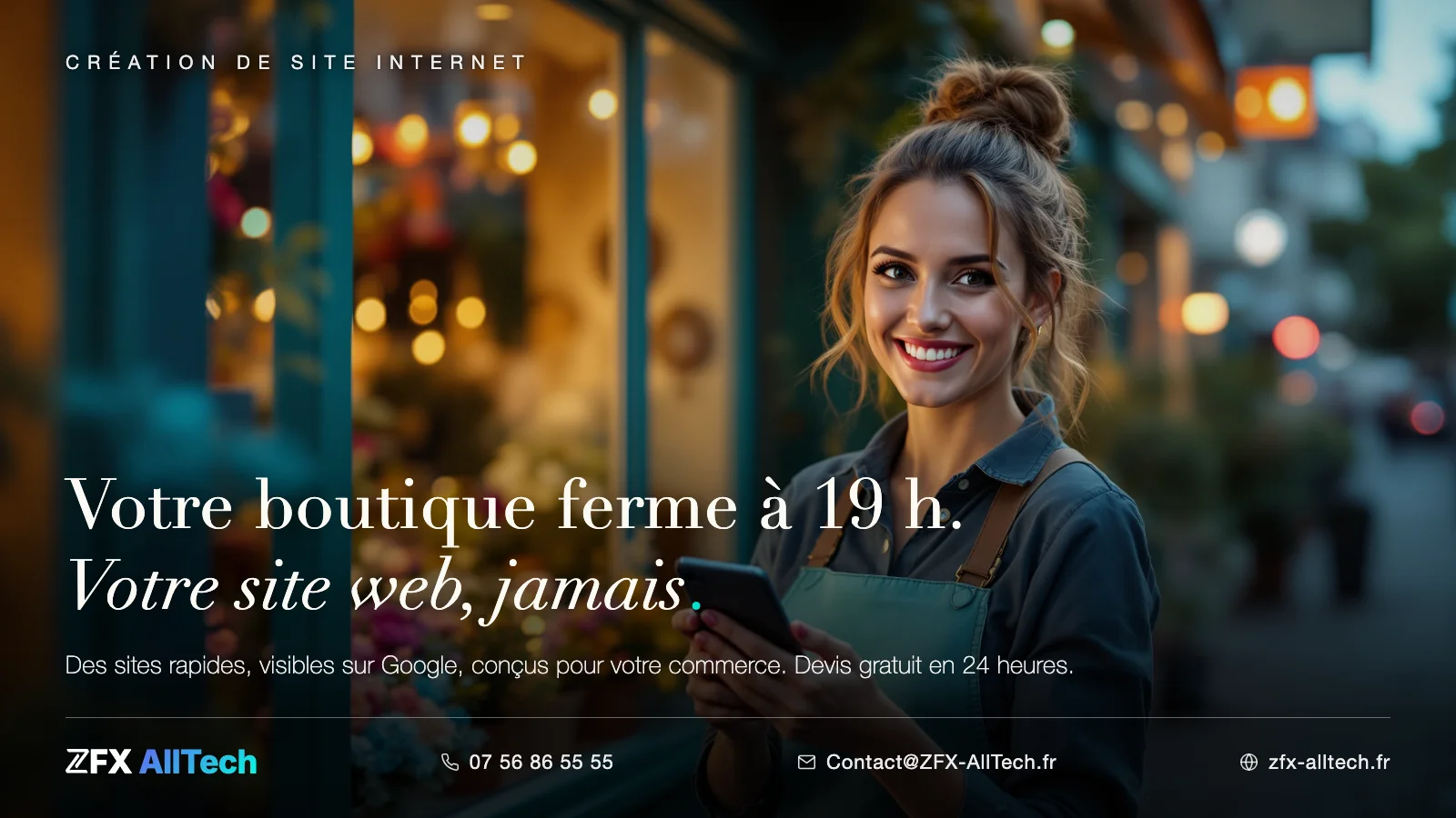 Visuel ZFX AllTech : création de site internet à Herblay-sur-Seine, commerces de la Patte d'Oie. Accroche : votre boutique ferme à 19 h, votre site web, jamais.