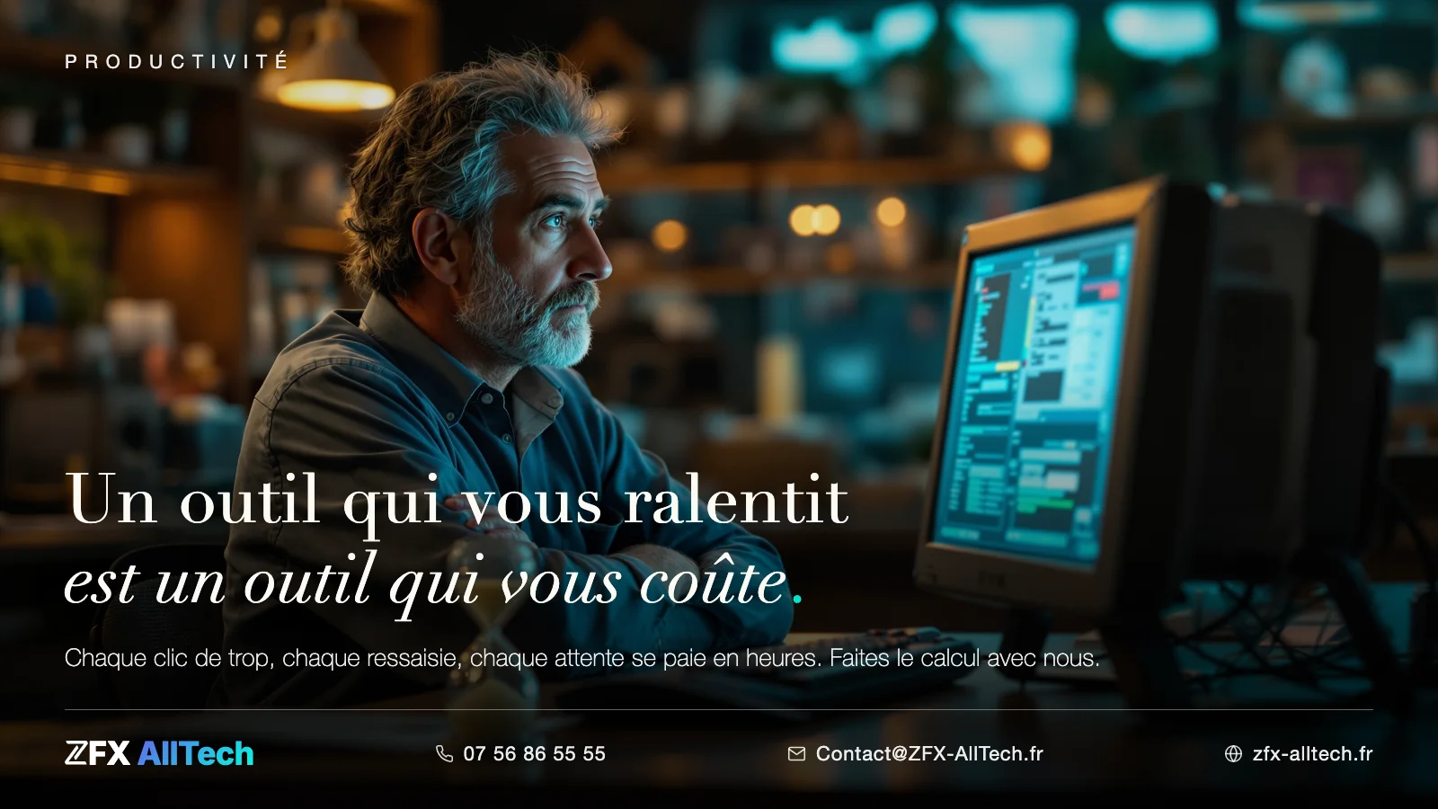 Publicité ZFX AllTech : développeur d'applications Val-d'Oise. Un gérant patiente devant un vieil ordinateur ; accroche : un outil qui vous ralentit est un outil qui vous coûte.