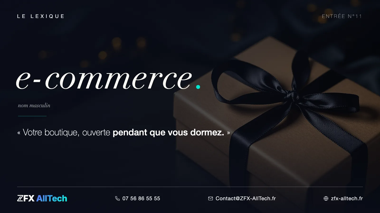 Visuel du lexique ZFX AllTech : définition de l’e-commerce, votre boutique ouverte pendant que vous dormez.