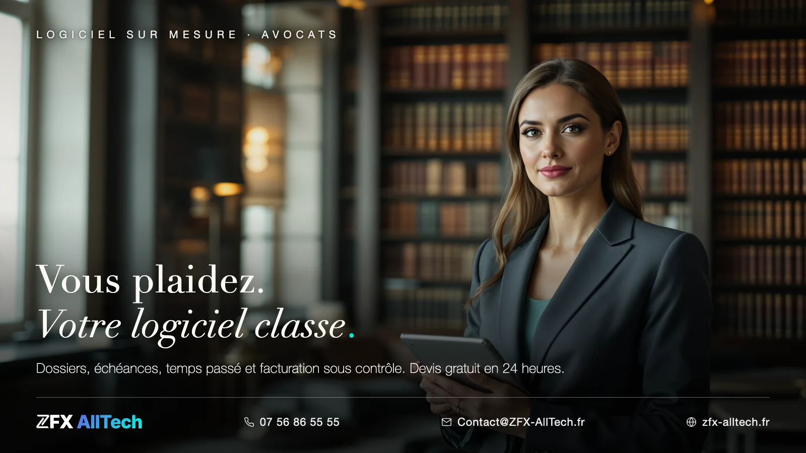 Publicité ZFX AllTech : logiciel pour cabinet d'avocat. Une avocate dans la bibliothèque de son cabinet ; accroche : vous plaidez, votre logiciel classe.