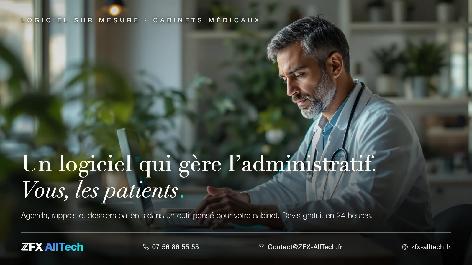 Publicité ZFX AllTech : logiciel pour cabinet médical. Un médecin consulte son agenda dans un cabinet lumineux ; accroche : un logiciel qui gère l'administratif, vous, les patients.
