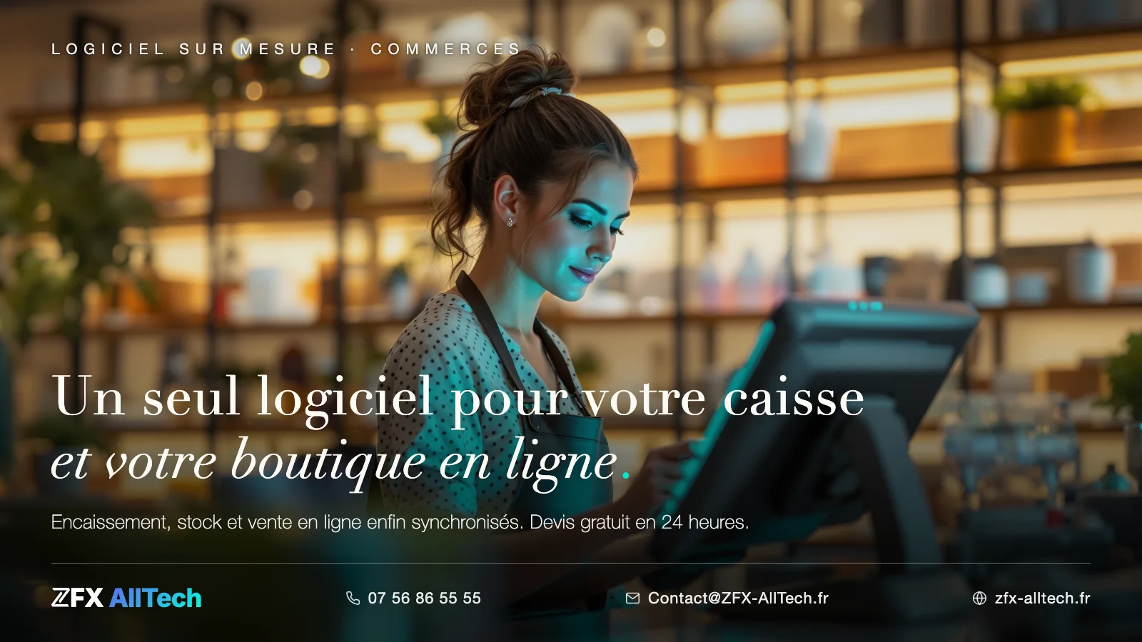 Publicité ZFX AllTech : logiciel de caisse et gestion pour commerce. Une commerçante encaisse sur un terminal tactile ; accroche : un seul logiciel pour votre caisse et votre boutique en ligne.