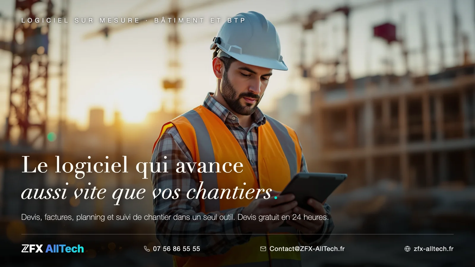 Publicité ZFX AllTech : logiciel de gestion bâtiment et BTP. Un chef de chantier consulte sa tablette au lever du soleil ; accroche : le logiciel qui avance aussi vite que vos chantiers.