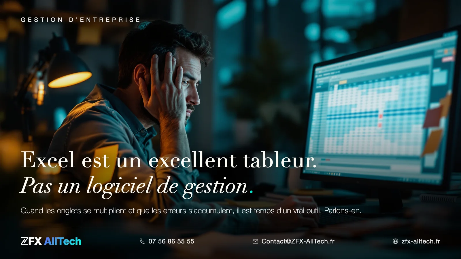 Publicité ZFX AllTech : logiciel de gestion pour PME. Un gérant débordé devant son tableur ; accroche : Excel est un excellent tableur, pas un logiciel de gestion.