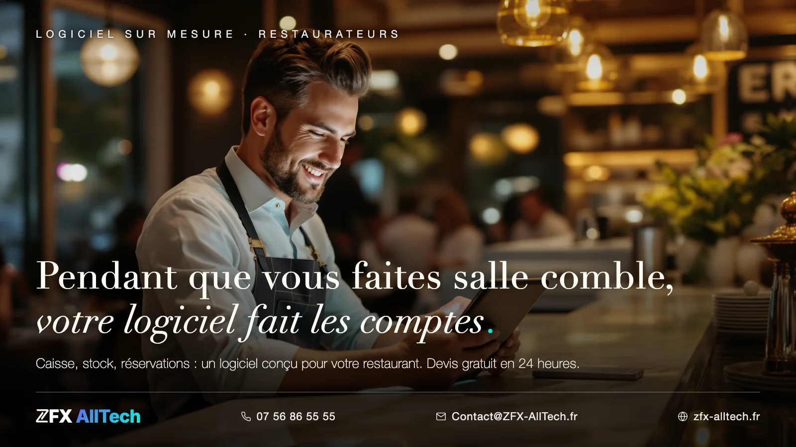 Publicité ZFX AllTech : logiciel de gestion sur mesure pour restaurant. Un restaurateur consulte sa tablette au comptoir ; accroche : pendant que vous faites salle comble, votre logiciel fait les comptes.