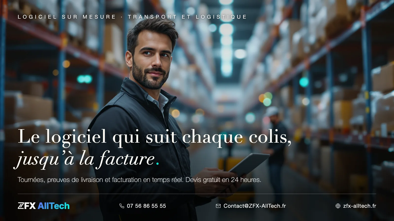 Publicité ZFX AllTech : logiciel transport et logistique. Un responsable dans un entrepôt moderne, tablette en main ; accroche : le logiciel qui suit chaque colis, jusqu'à la facture.