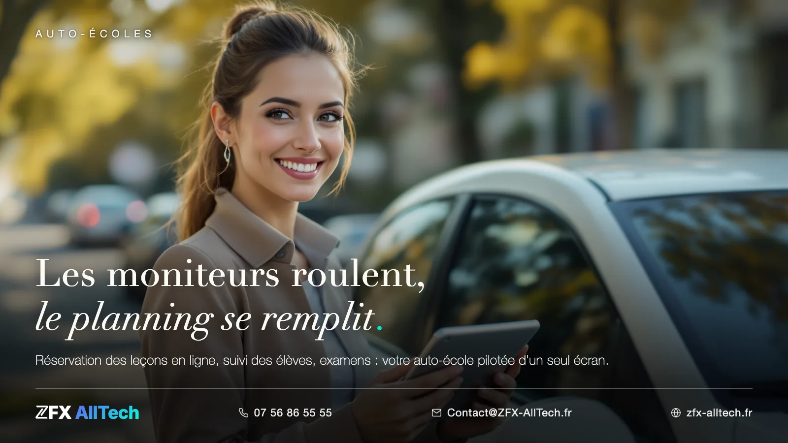 Publicité ZFX AllTech : logiciel de gestion pour auto-école. Une monitrice souriante, tablette en main, près de sa voiture ; accroche : les moniteurs roulent, le planning se remplit.
