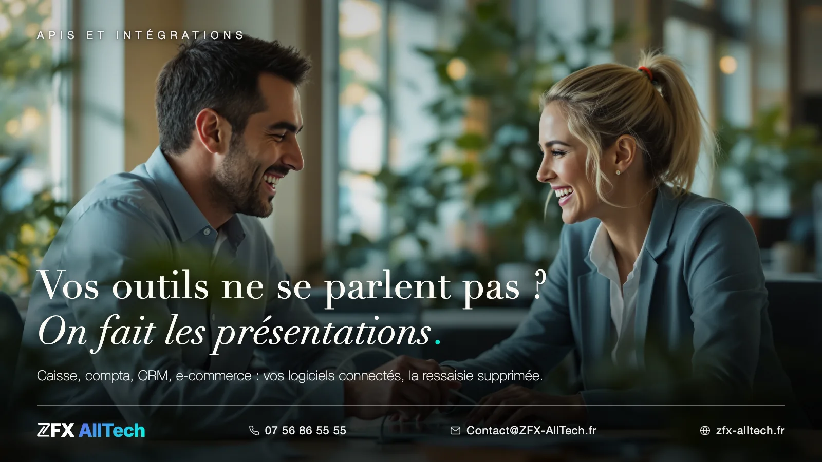 Visuel ZFX AllTech : intégrations et APIs à Franconville. Accroche : vos outils ne se parlent pas, on fait les présentations.