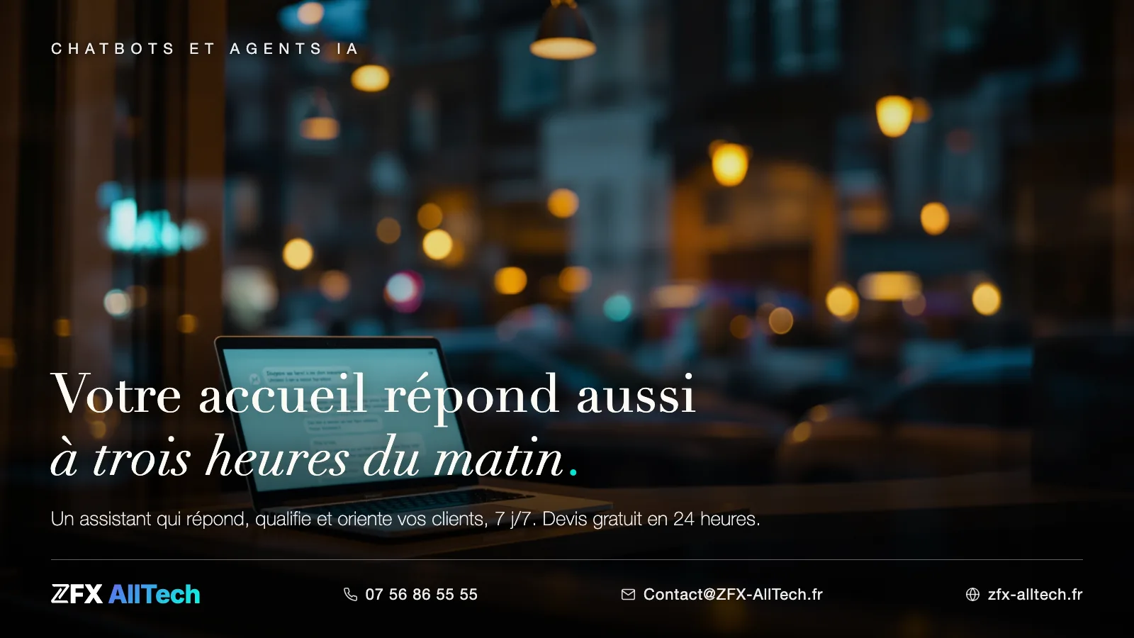 Publicité ZFX AllTech : intelligence artificielle pour entreprises du Val-d'Oise. Un accueil assisté par IA répond de nuit ; accroche : votre accueil répond aussi à trois heures du matin.