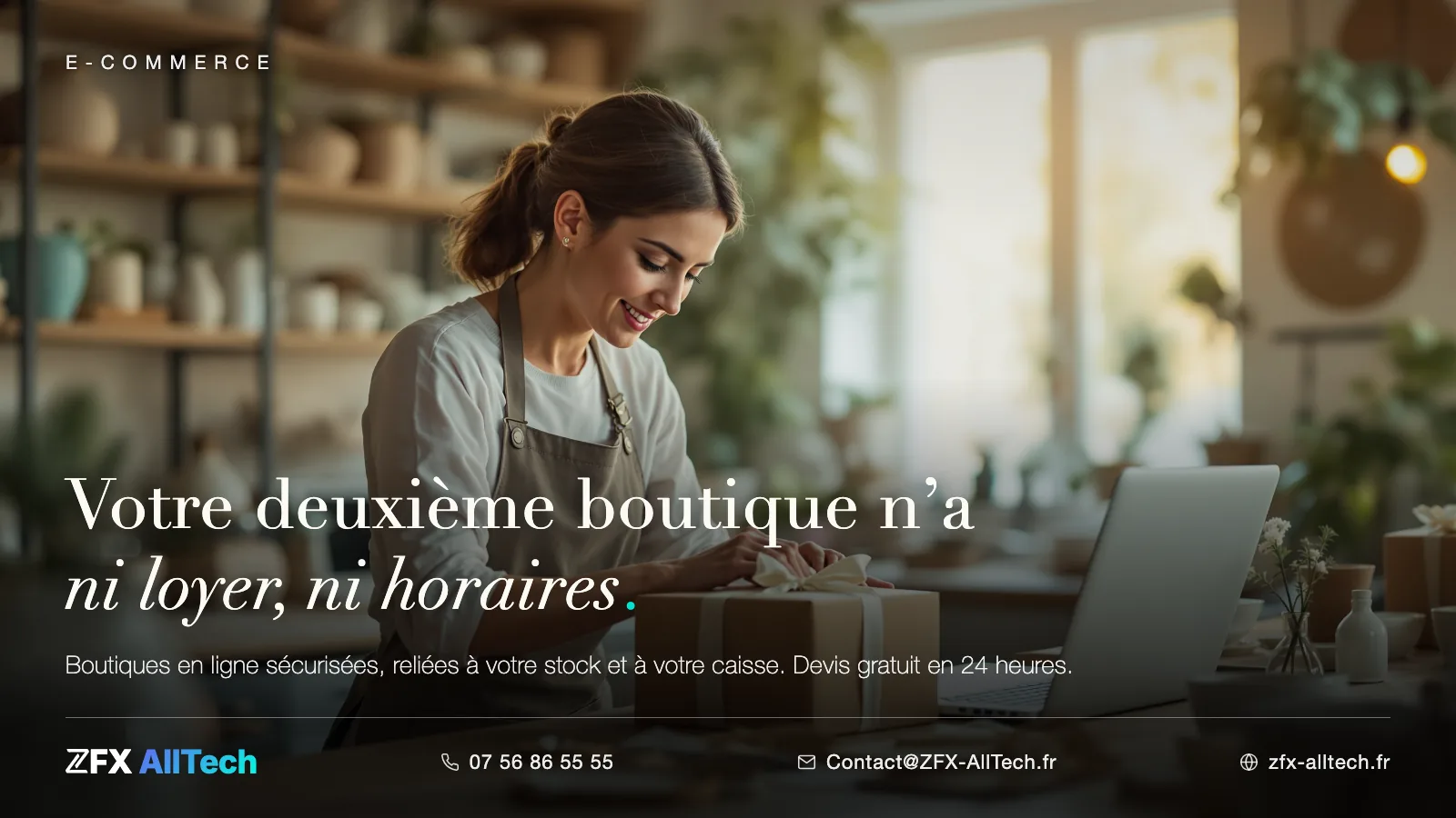 Visuel ZFX AllTech : e-commerce et click and collect à Montigny-lès-Cormeilles, corridor commercial de la RD14. Accroche : votre deuxième boutique n'a ni loyer, ni horaires.
