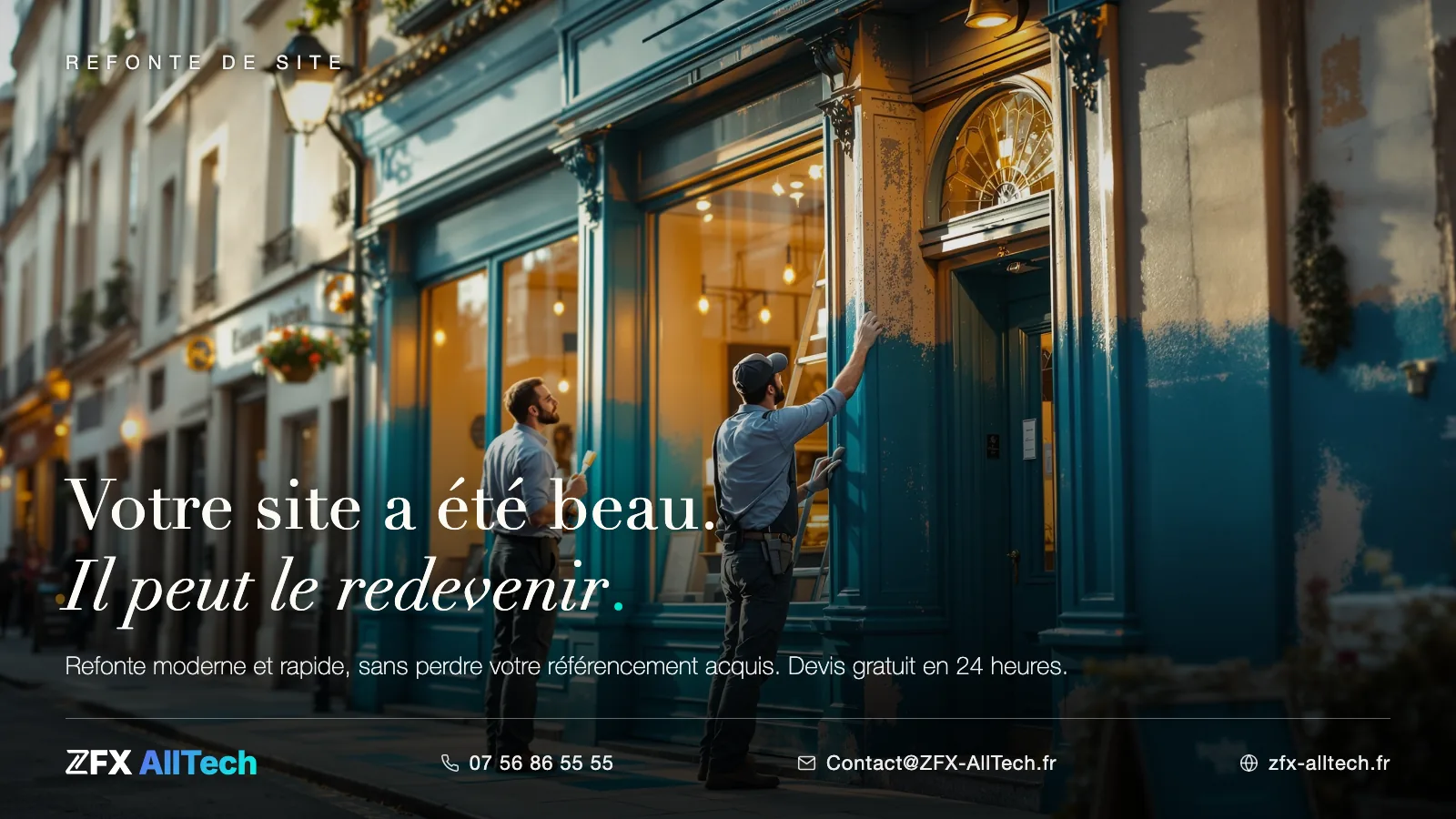 Publicité ZFX AllTech : refonte de site internet dans le Val-d'Oise. Accroche : votre site a été beau, il peut le redevenir.