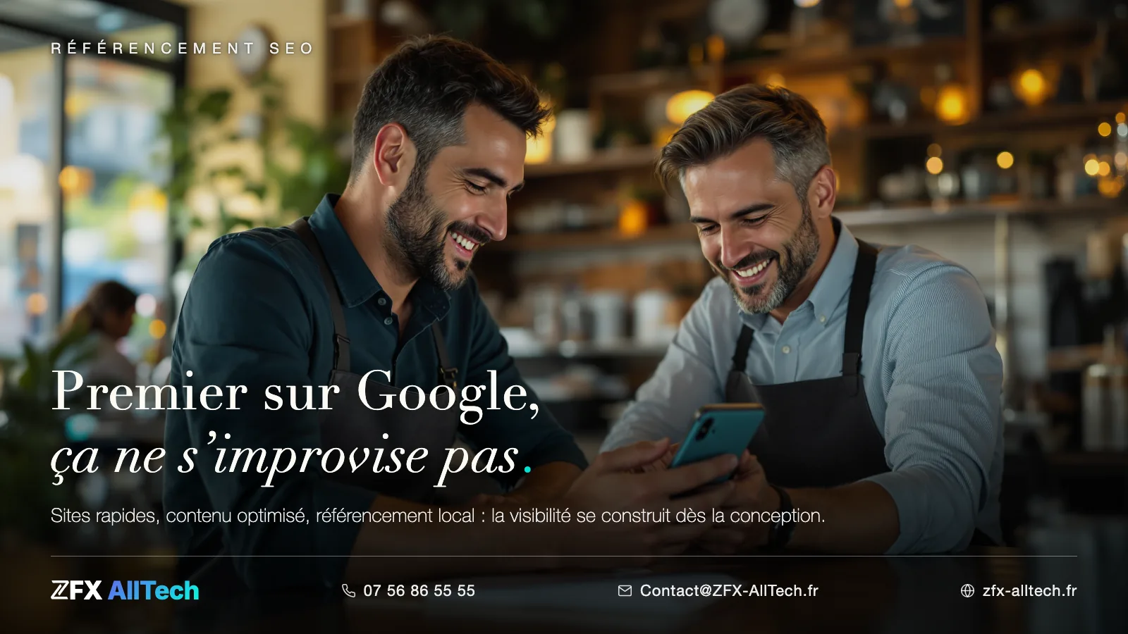Publicité ZFX AllTech : référencement naturel dans le Val-d'Oise. Accroche : premier sur Google, ça ne s'improvise pas.