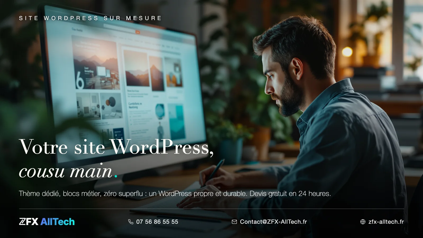 Visuel ZFX AllTech : création de site web à Saint-Leu-la-Forêt pour TPE et artisans. Accroche : votre site WordPress, cousu main.