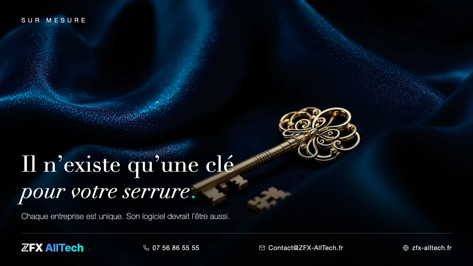 Visuel ZFX AllTech : une clé unique sous une lumière d'atelier ; accroche : chaque serrure a sa clé, chaque métier a son outil.