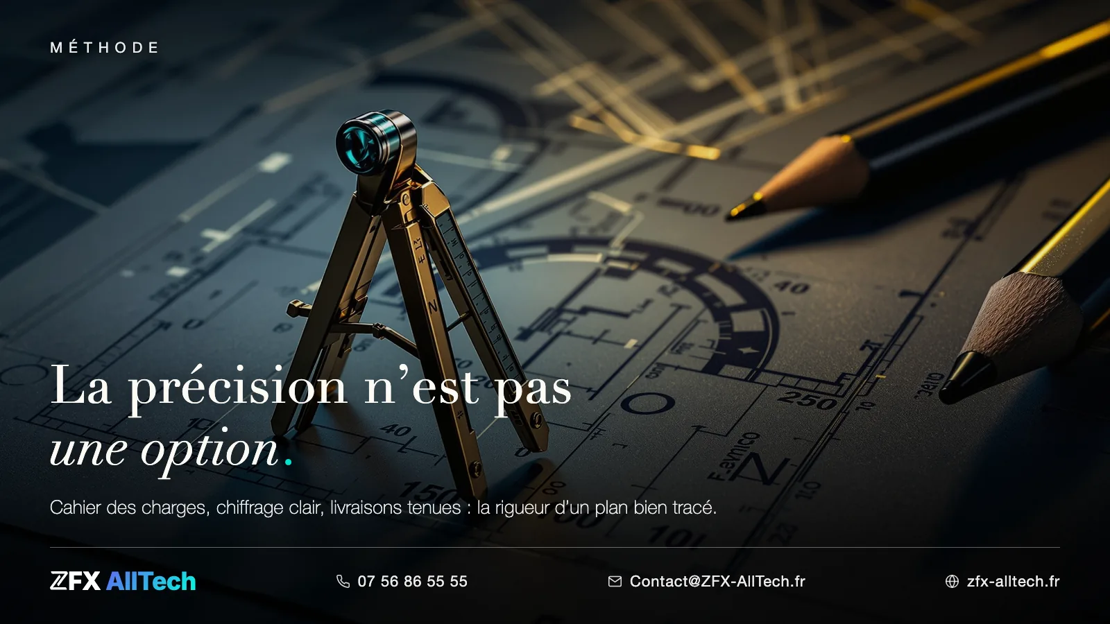 Visuel ZFX AllTech : agence web à Montmorency. Un compas de précision ; accroche : la précision n'est pas un luxe, c'est une méthode.