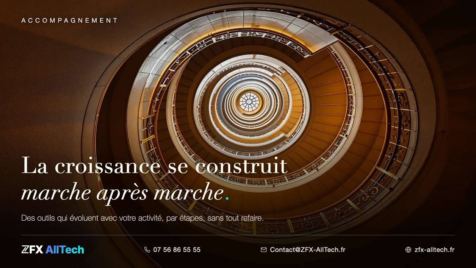 Visuel ZFX AllTech : développement web à Cormeilles-en-Parisis, ville en pleine croissance. Un escalier de pierre ; accroche : la transformation avance marche après marche.