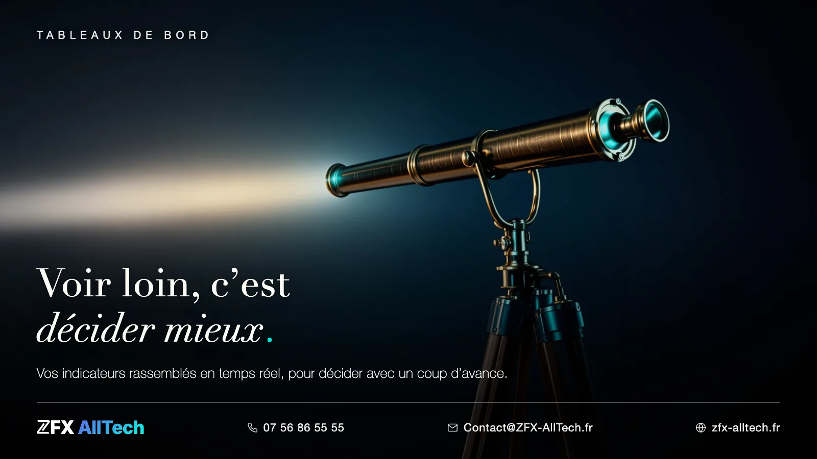 Visuel ZFX AllTech : agence web à Goussainville. Une longue-vue en laiton ; accroche : voir loin, c'est décider mieux.