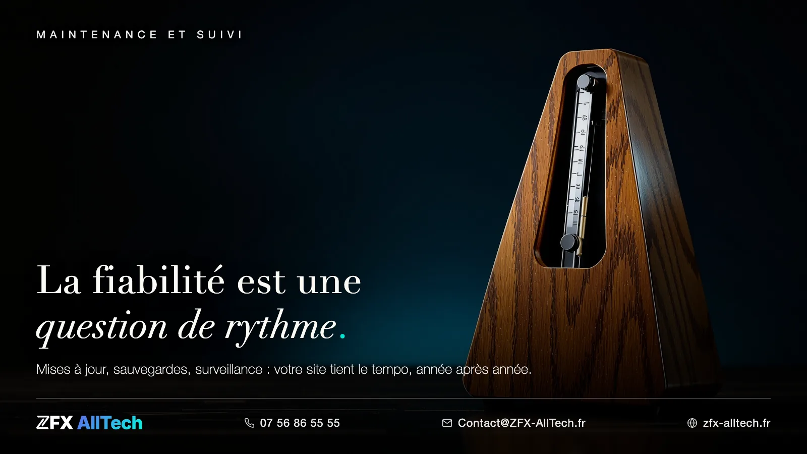 Visuel ZFX AllTech : développement et maintenance web à Bezons. Un métronome ; accroche : la fiabilité est une question de rythme.