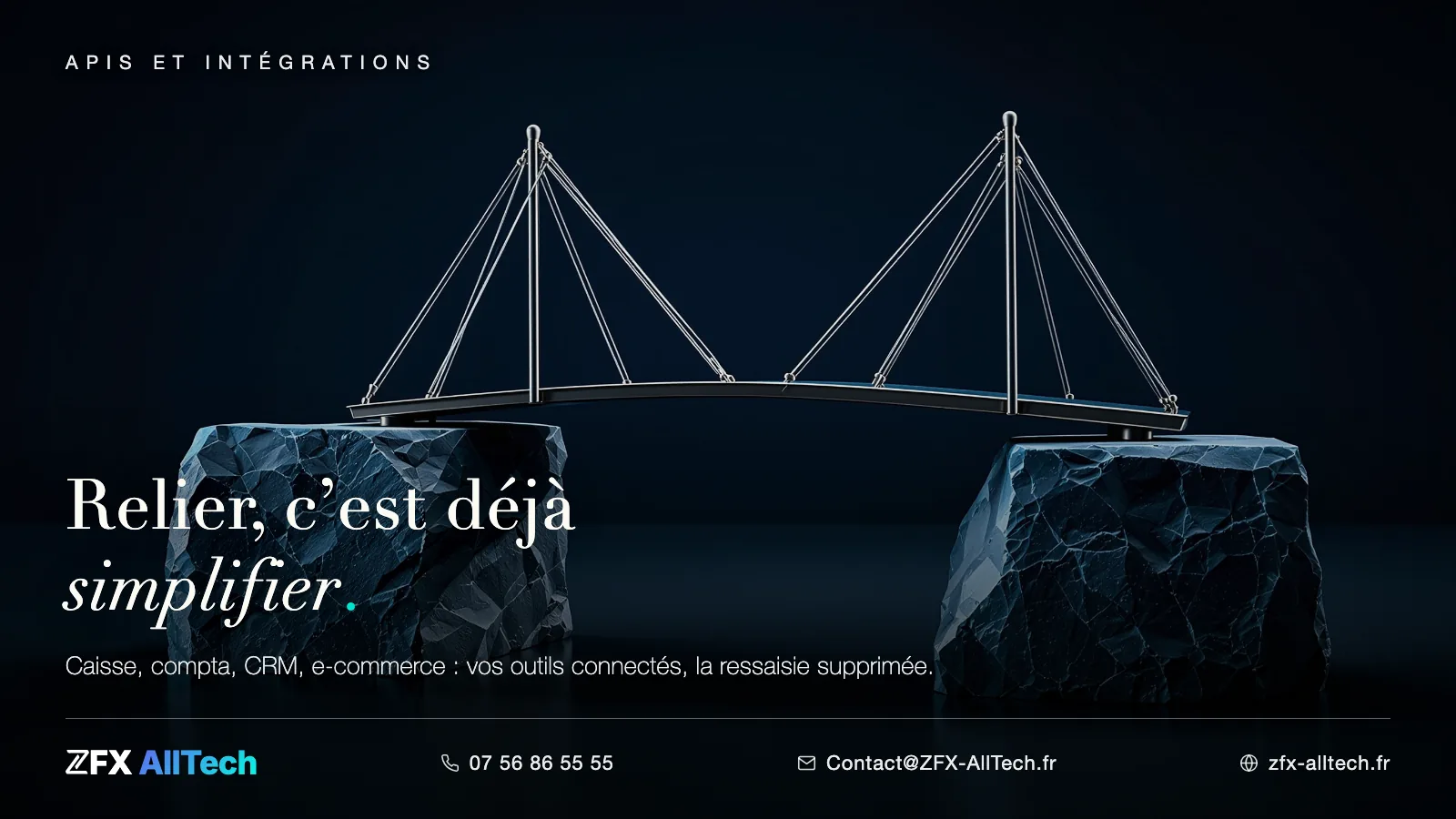 Visuel ZFX AllTech : création de site internet à Sarcelles. Un pont suspendu miniature ; accroche : relier, c'est déjà simplifier.