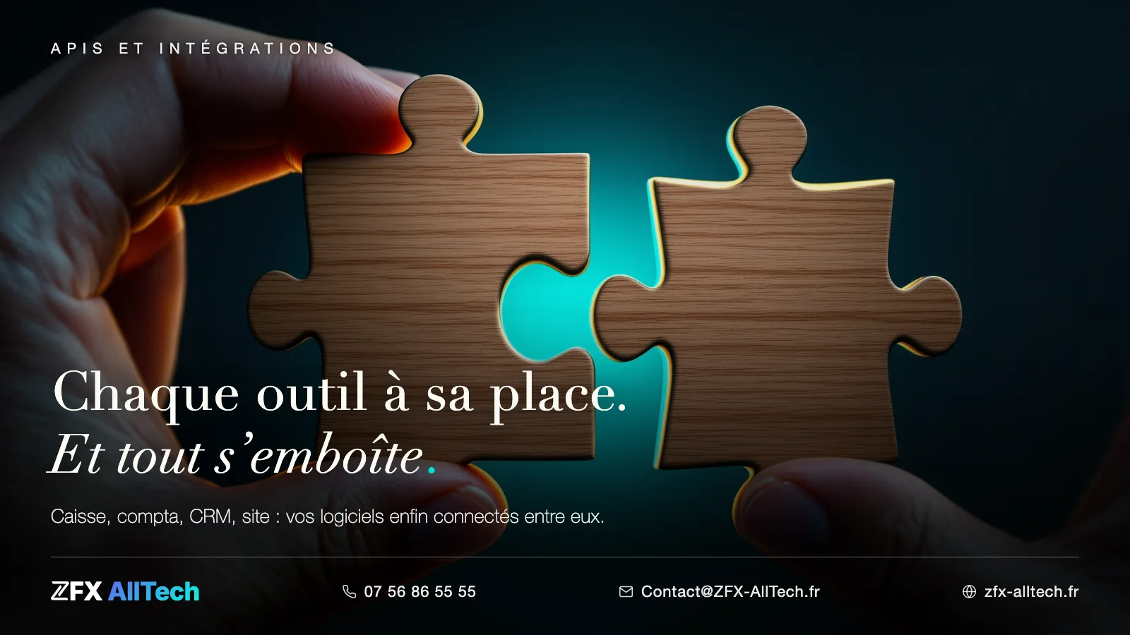 Visuel ZFX AllTech : agence web à Taverny. La dernière pièce d'un puzzle ; accroche : quand tout s'emboîte, l'entreprise respire.