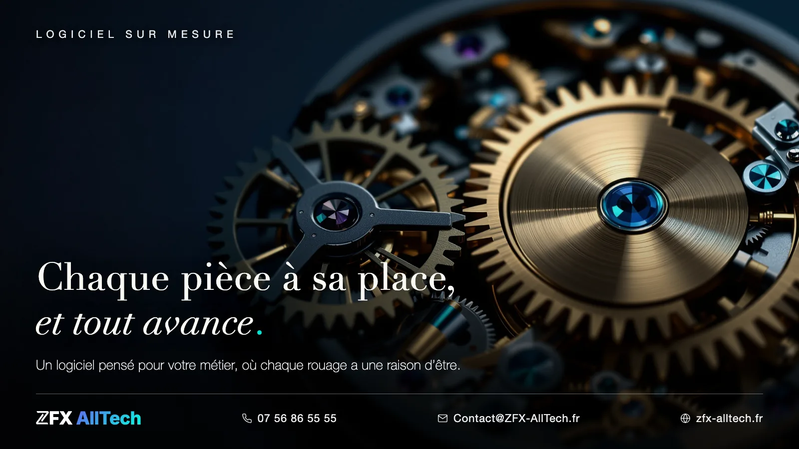 Visuel ZFX AllTech : mouvement d'horlogerie de précision ; accroche : chaque pièce à sa place, et tout avance. Métaphore du logiciel sur mesure.