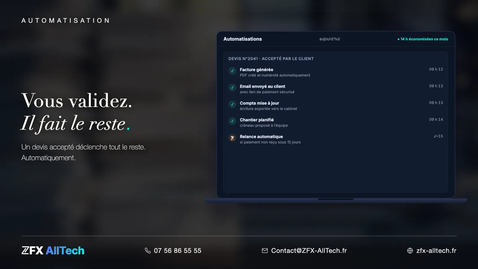 Visuel ZFX AllTech : automatisation d'entreprise à Nanterre. Chaîne d'automatisation à l'écran ; accroche : personne n'a rien tapé.