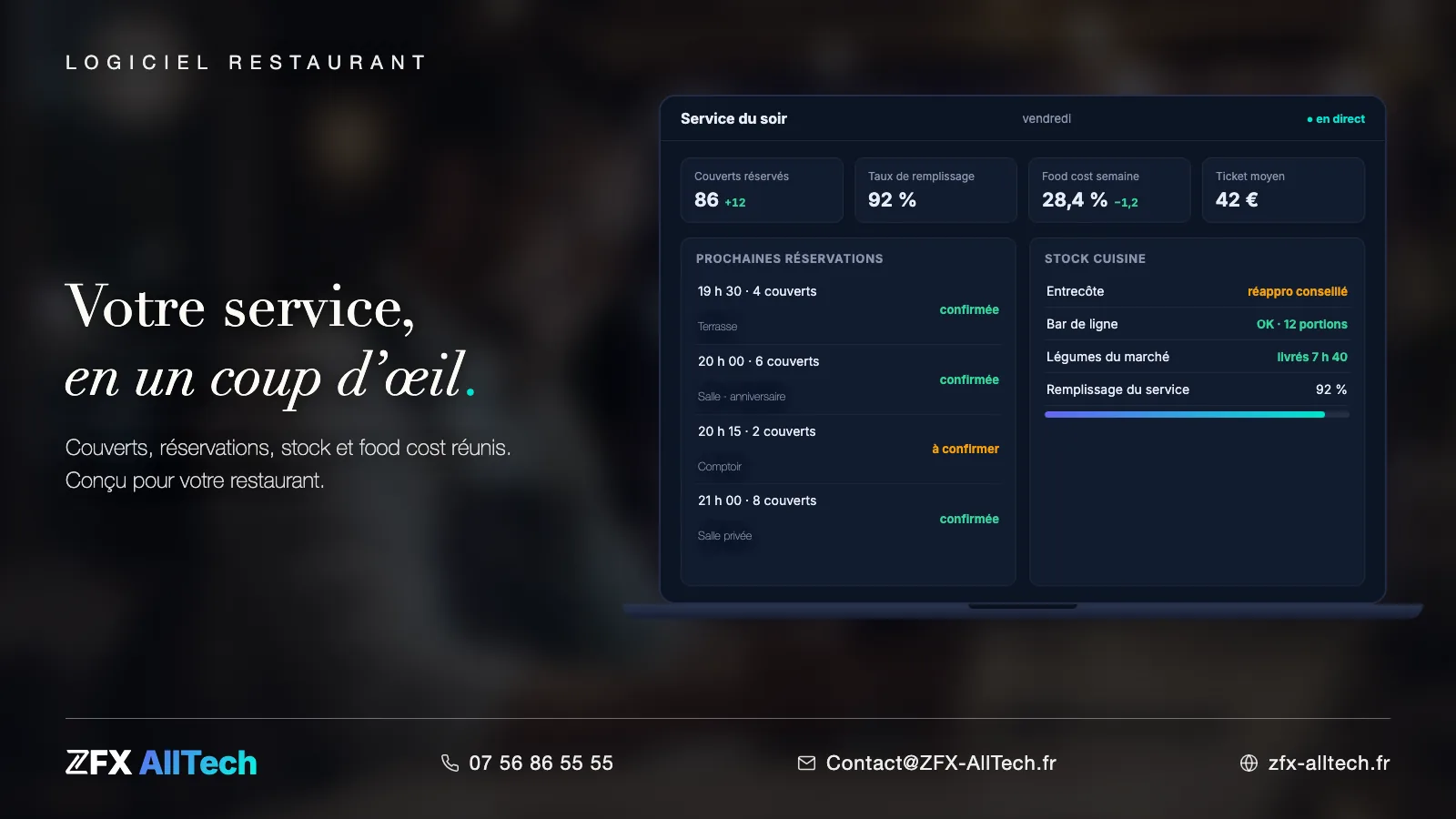 Interface ZFX AllTech : caisse et commandes d'un restaurant sur ordinateur portable, tables, tickets et stock au même endroit.