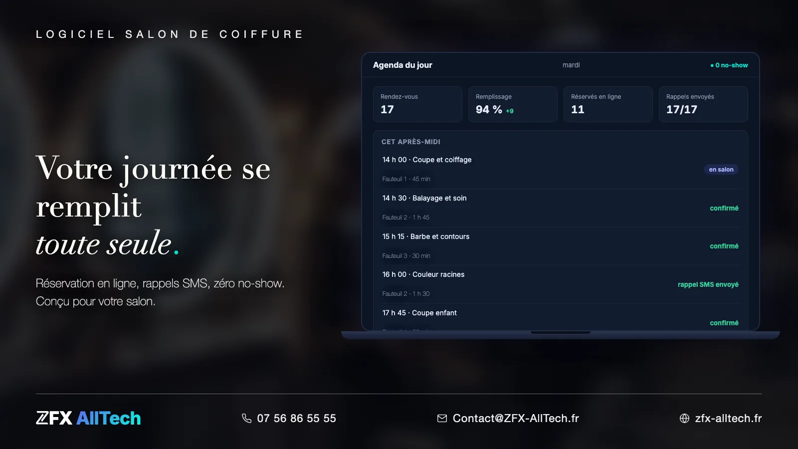 Interface ZFX AllTech : agenda en ligne d'un salon de coiffure, réservations et rappels automatiques qui réduisent les rendez-vous manqués.