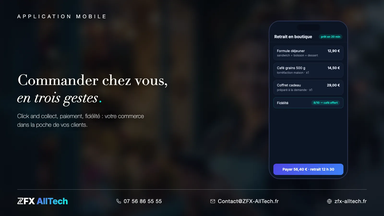 Interface ZFX AllTech : application mobile de commande avec retrait en boutique, paiement et fidélité, sur iPhone.