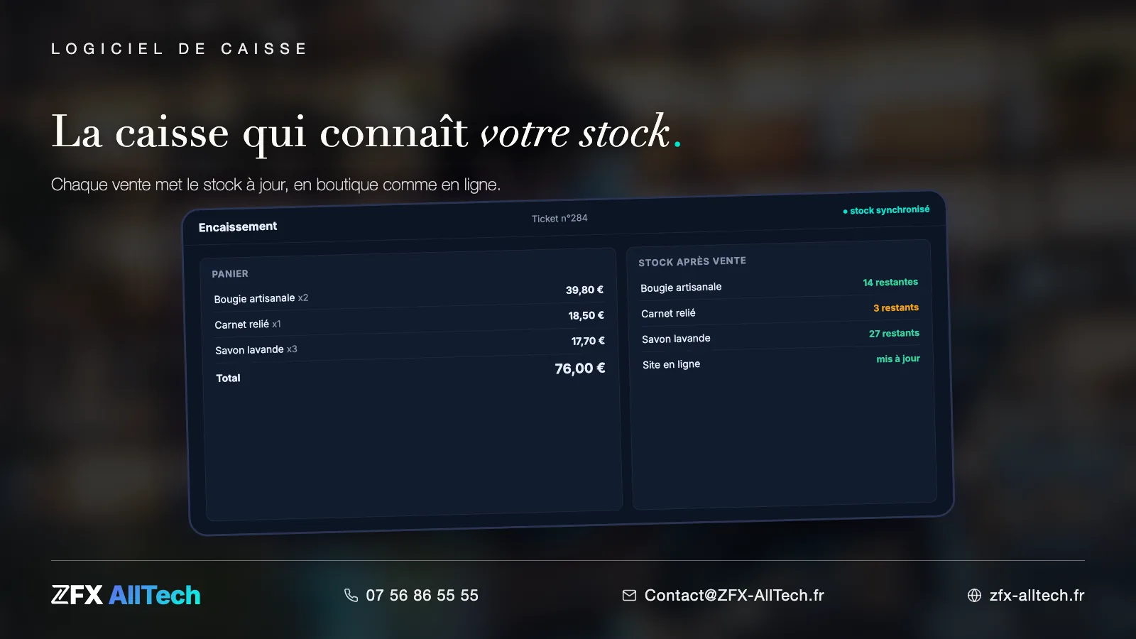 Interface ZFX AllTech : caisse tactile de boutique sur tablette, encaissement rapide et stock juste.