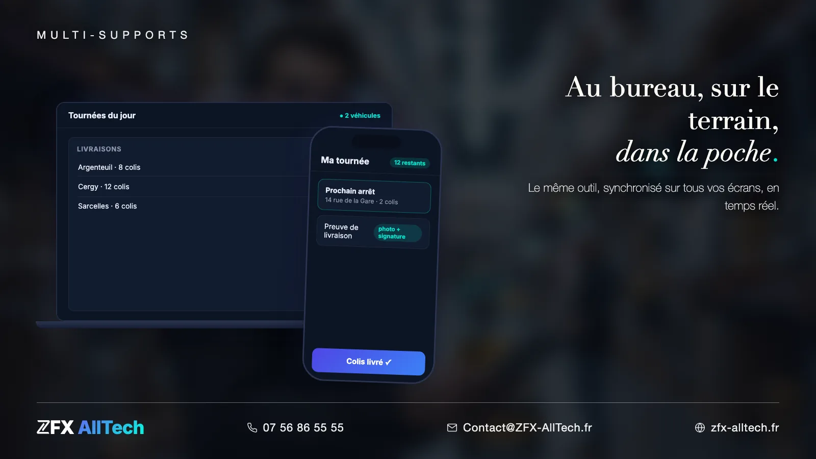 Interface ZFX AllTech : le même outil métier synchronisé sur ordinateur portable et téléphone, tournées de livraison en temps réel.
