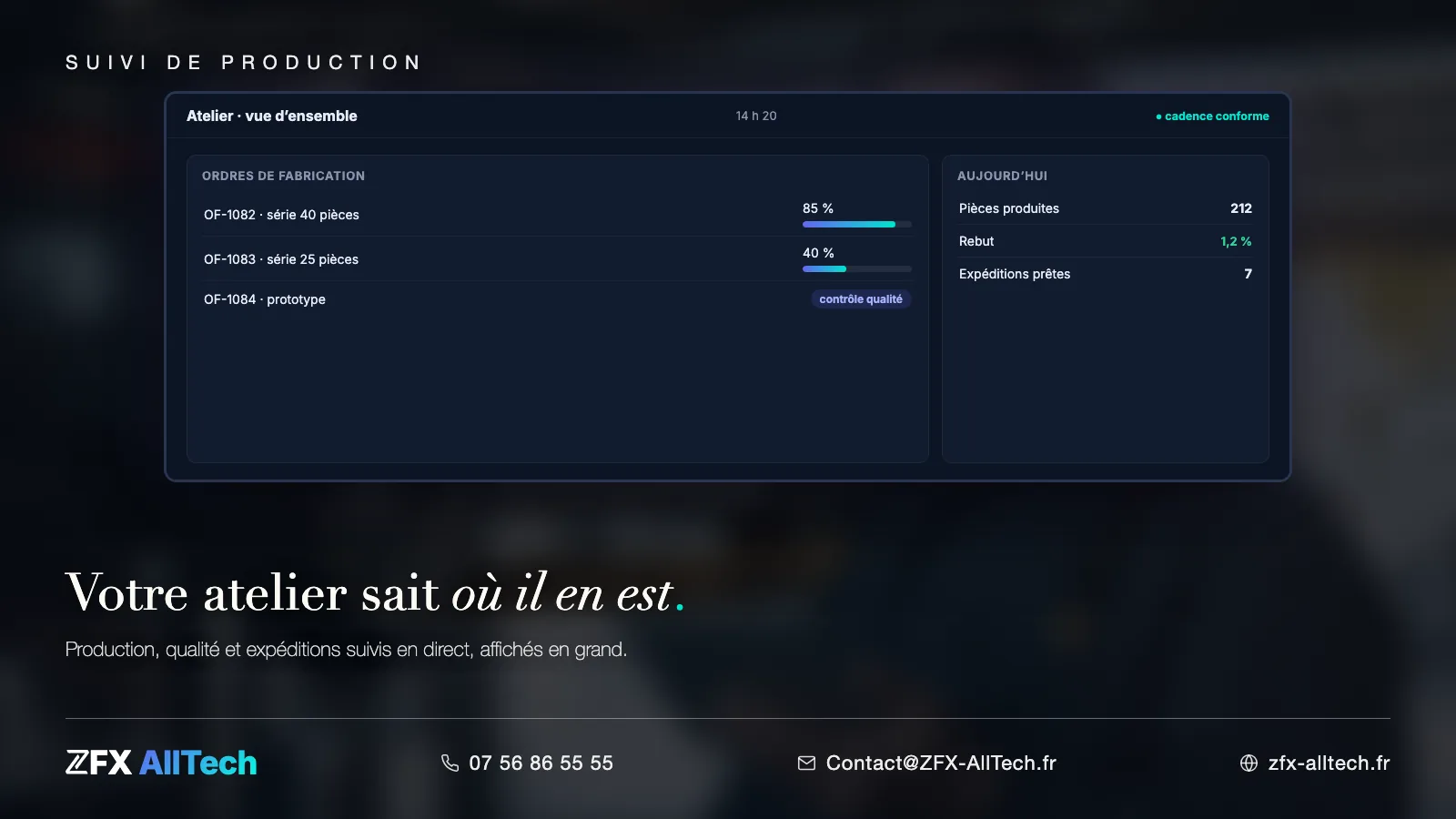 Interface ZFX AllTech : écran de suivi de production en atelier, commandes, cadences et alertes visibles par toute l'équipe.
