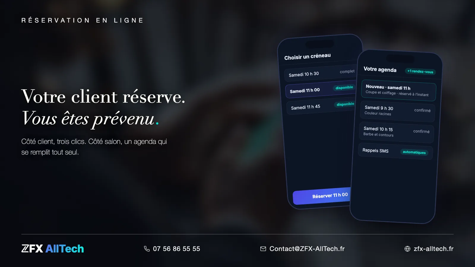 Interface ZFX AllTech : prise de rendez-vous en ligne côté client et côté agence sur deux téléphones, agenda qui se remplit tout seul.