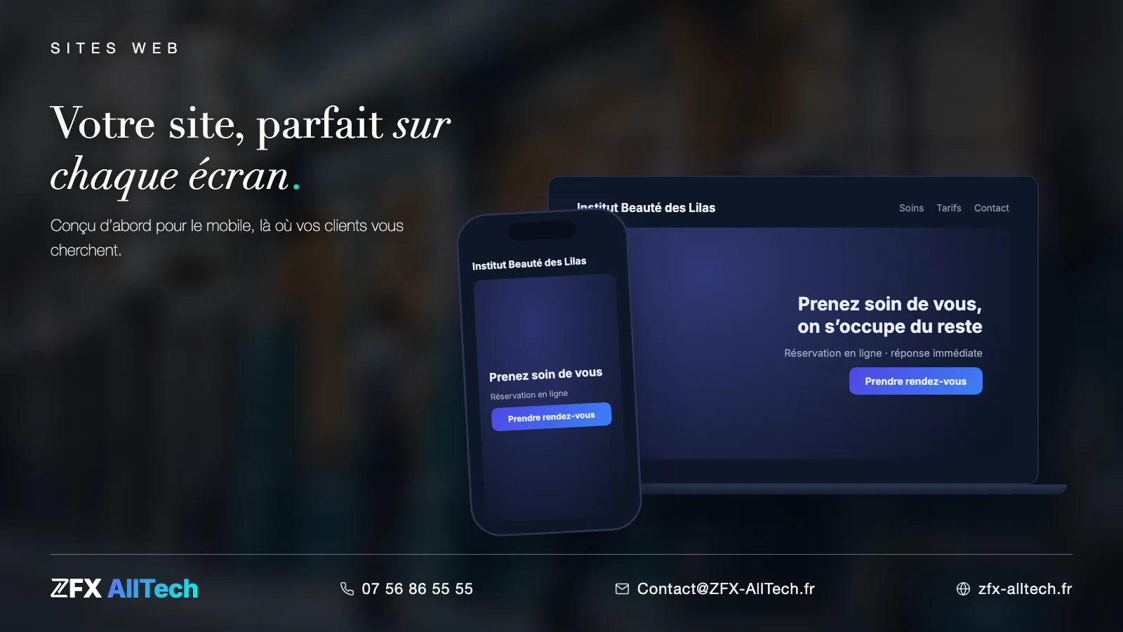 Interface ZFX AllTech : un site vitrine affiché sur ordinateur portable et téléphone, conçu d'abord pour le mobile.