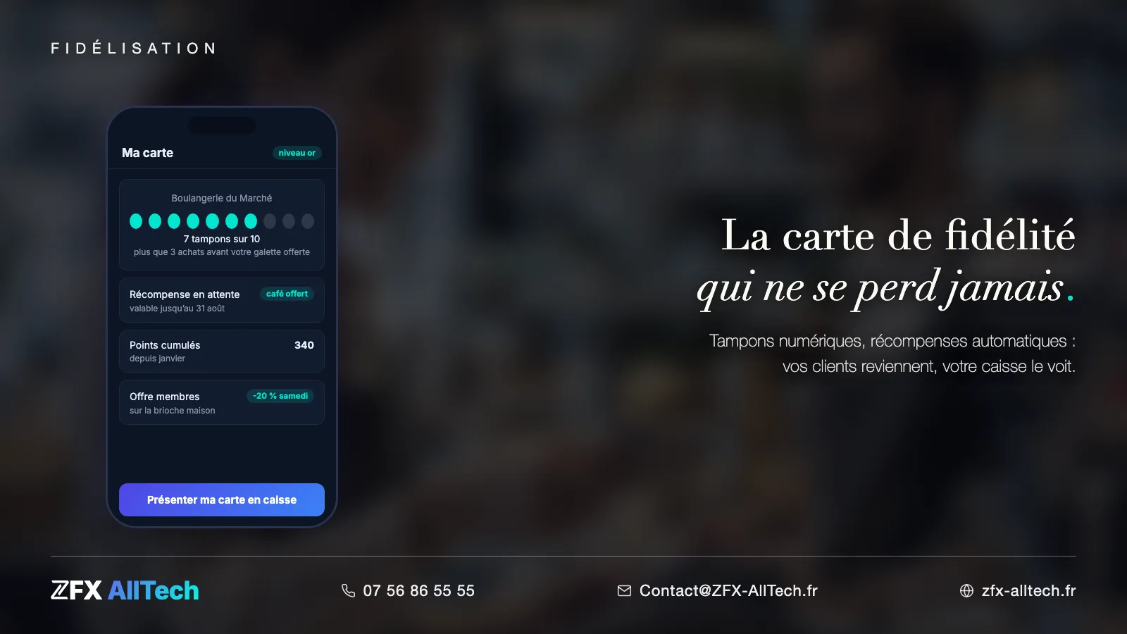 Visuel ZFX AllTech : applications de fidélisation à Boulogne-Billancourt. Carte de fidélité numérique sur téléphone ; accroche : la carte qui ne se perd jamais.