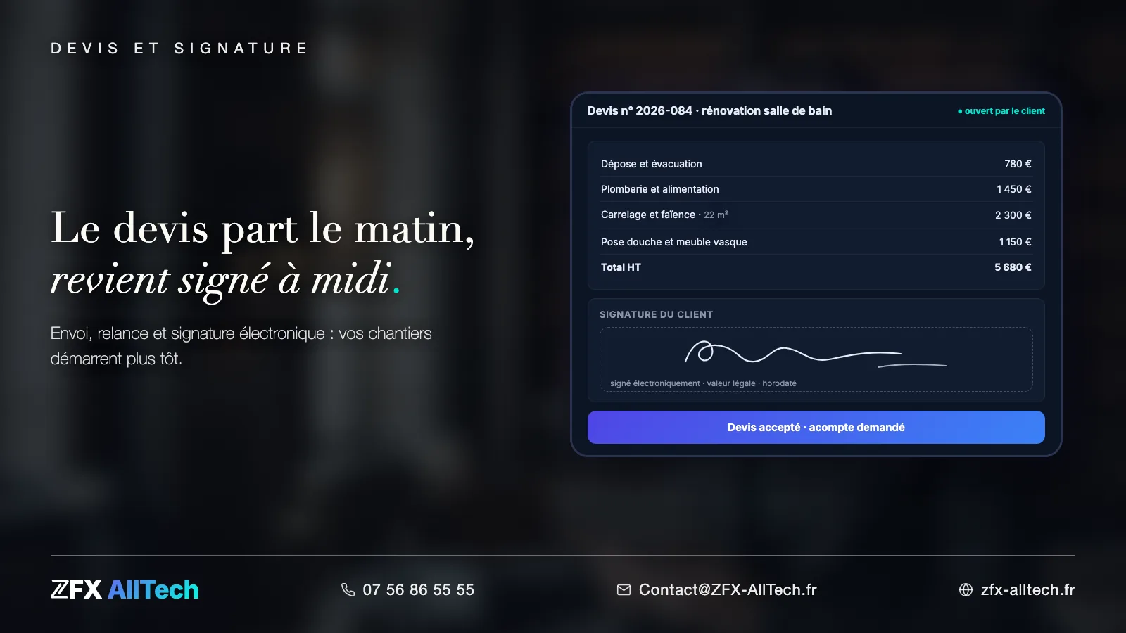 Visuel ZFX AllTech : agence web à Pontoise pour cabinets et professions réglementées. Devis signé électroniquement sur tablette, valeur légale et horodatage.